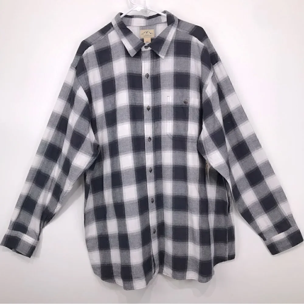 Blue Mountain Charcoal Gray White Plaid Flannel Button Down Casual Shirt